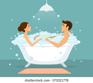 Couple, man and woman taking bath in a vintage bathtub with bubbles, enjoying, drinking champagne
