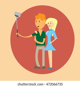 Couple Man Woman Taking Selfie Photo On Smart Phone With Stick Vector Illustration