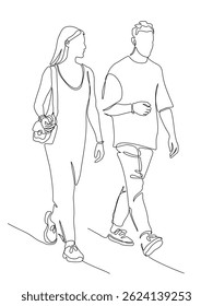 Couple man and woman talking and walking. Front view. Continuous line drawing. Black and white vector illustration in line art style.