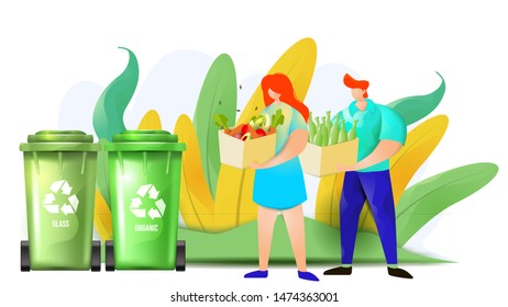 Couple of man and woman are throwing organic and glass wastes in recycling bins. Flat vector illustration presenting waste sorting design concept. Female and male characters separating wastes.