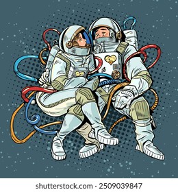 Couple man and woman together in space. Romantic relationships across any distance. Astronauts explore the universe together. Pop Art Retro Vector Illustration Kitsch Vintage 50s 60s Style