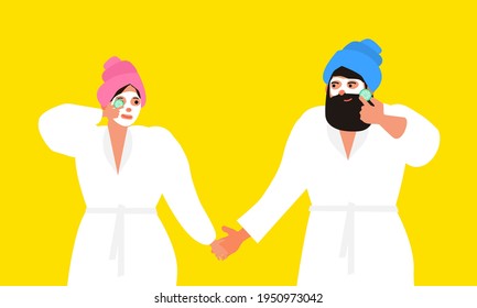 Couple Man And Woman With Towel On The Head And Fasial Cosmetic Mask Holding Cucumber Slice Skin Care Concept Vector Illustration