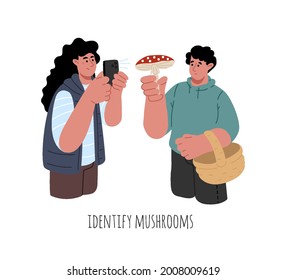 A couple of man and woman trying to identify the type of mushrooms through the app.The girl takes a picture of a fungus with smartphone.Danger of poisoning.Vector illustration.