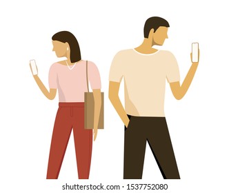 Couple man and woman using smartphones isolated