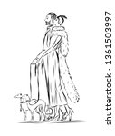 Couple man and woman walk with two dogs on leash. Lady and gentleman in vintage style. Bride and groom. 
Spouses. Drawing for coloring. 