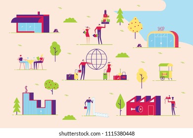 Couple man and woman walk in various places to go. Shopping, leisure, cafe, taxes, travel, business and other. With buildings and trees minimal abstract flat style vector illustration in the park.