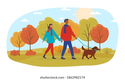 Couple of man and woman walking with dog in autumn park. Fall colors. Autumn background - landscape of fall forest. Cartoon flat vector illustration isolated on white background