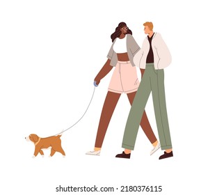 Couple of man and woman walking with dog together. Young people strolling, leading puppy on leash. Pet owners and doggy outdoors. Flat graphic vector illustration isolated on white background