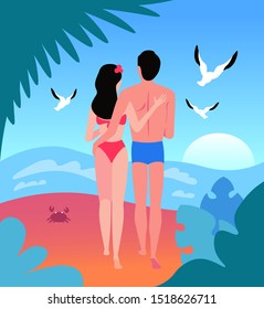 Couple of man and woman walking on beach surrounded seagulls flying over sea. Girl and boy admiring seascape. Honeymoon at tropical paradise. Romantic resort in tropical island. Colorful flat vector