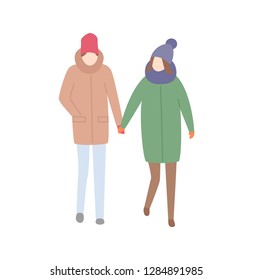 Couple man and woman walking together relaxing people vector. Male and female holding hands, wintertime cold seasonal clothes hats and jackets on pair
