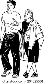 A Couple Man and woman walking together Lovers dating relationship Hand drawn Line art Illustration