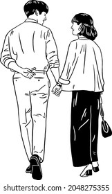 A Couple Man and woman walking together Lovers dating relationship Hand drawn Line art Illustration