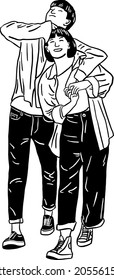 A Couple Man and woman walking together Lovers dating relationship Hand drawn Line art Illustration	