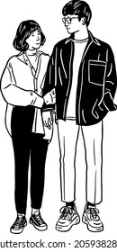 A Couple Man and Woman walking together Lovers dating relationship Hand drawn Line art Illustration