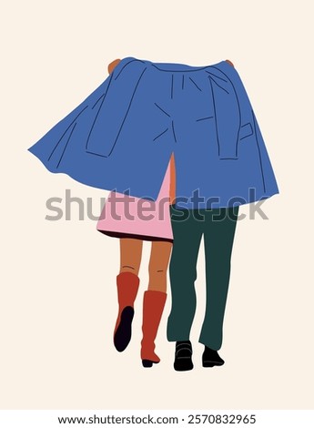 Couple, man and woman walking together rear view, hiding under the man's jacket from rain. Love and relationship concept. Vector colorful flat illustration isolated on white background