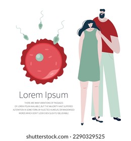 The couple, man and woman want to have baby and become parents.  They planning pregnancy.  Illustration with  egg cell and sperm cell good for medical clinic poster or UI UX design apps.