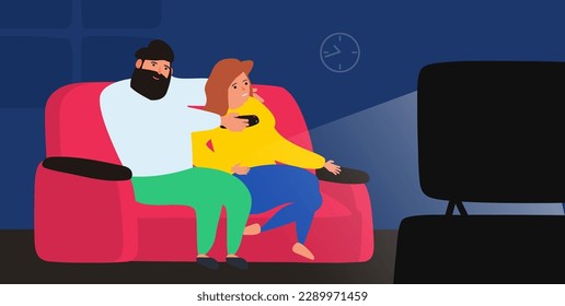 couple man and woman watching tv movie sitting on the sofa vector illustration