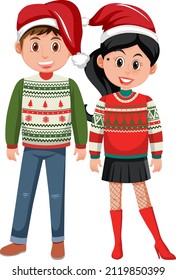 Couple man and woman wearing Christmas outfits illustration