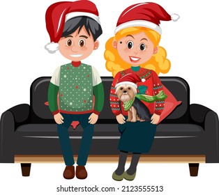 Couple man and woman wearing Christmas outfits sitting on a sofa illustration