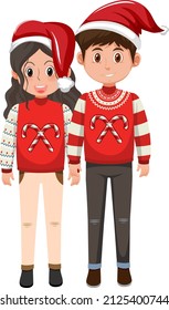 Couple man and woman wearing Christmas outfits illustration