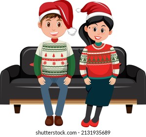 Couple man and woman wearing Christmas outfits sitting on a sofa illustration