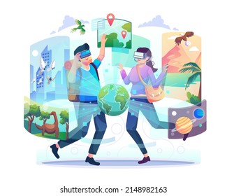 A Couple man and a woman wearing VR glasses doing a game simulation of traveling around the world through virtual reality. Virtual travel for entertainment and education. Flat vector illustration