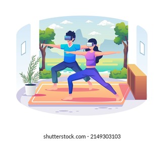 Pareja de hombres y mujeres con gafas VR haciendo ejercicios y yoga en simulación natural en casa. Tecnología de Realidad Virtual para la salud mental y física. Ilustración vectorial plana