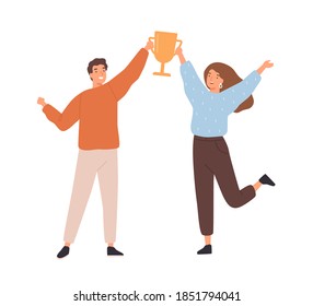 Couple of man and woman winners holding golden goblet. Happy successful people win award. Concept of goal achievement celebration. Flat vector cartoon illustration isolated on white