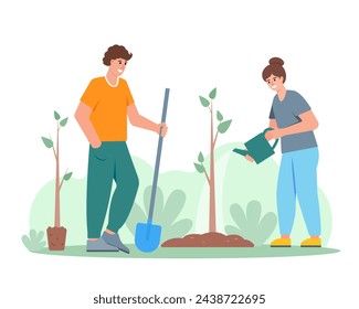 Un par de hombres y mujeres trabajan juntos y plantan árboles. Jóvenes para mejorar el medio ambiente. Concepto de jardinería. Ilustración plana del vector sobre fondo blanco.