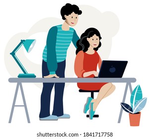 A couple man and woman are working at the computer. Discuss the work. Teacher and student. Study.
