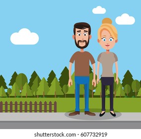 couple man and woman yard fence trees