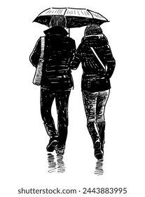 Couple, man,woman,pair, together, silhouettes, umbrella,citizens, casual, pedestrians,raining, walking,real people,city dwellers,sketch, black  vector hand drawn illustration isolated on white
