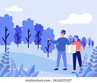 Pareja con mapa caminando en ilustración vectorial de bosque. Destinos fuera de los caminos trillados, senderismo, actividades de ocio, pasar tiempo juntos concepto