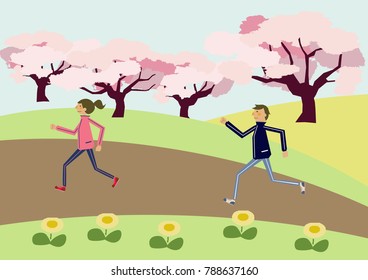 A couple marathoning. Cherry Blossom. Image of sports.
People who run. Image of spring.