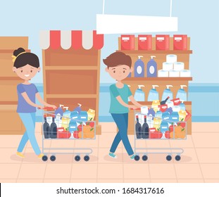 couple with market carts shelves sold out and cleaning supplies food hoarding excess purchase vector illustration