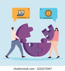 couple with marketing icons characters