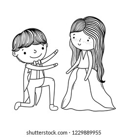 couple marriage cute cartoon in black and white