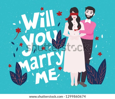 couple marriage proposal  graphic design. with text and blind folded girl.