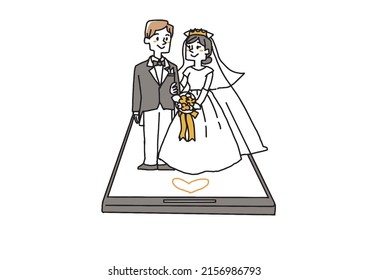  A couple married with a matching app, a comical handwritten person vector, a warm line drawing