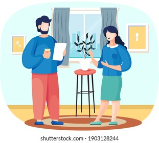 Couple of married people are standing talking in living room near window discuss common affairs. Man with coffee and document in hands communicates with woman. Meeting in office, comrades discussing