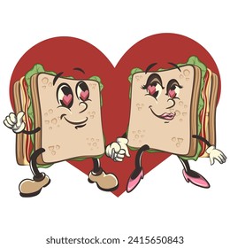 mascota de pareja, personaje, sándwich lindo se aman y se toman de las manos