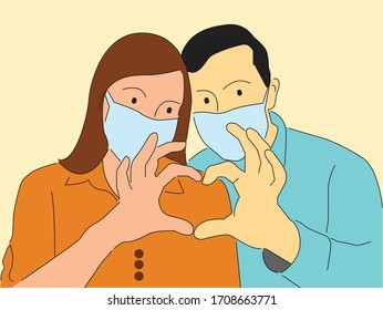 Couple in mask making heart shape with their hands. Covid-19