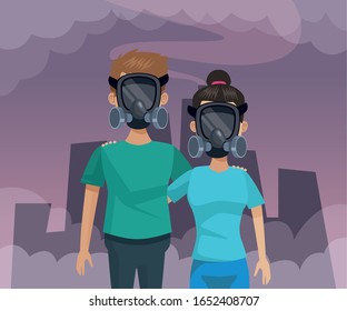 couple with mask protection pollution vector illustration design