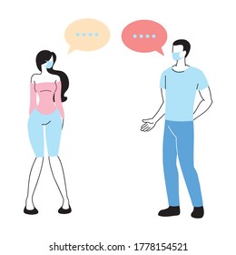 couple with mask talking by bubble vector illustration desing