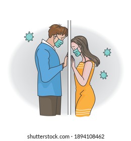Couple mask. Couple wearing face masks. They want to touch each other through the glass. Love problems during Covid-19 detention. Social distance and stay at home concept.  Hand drawn style vector.