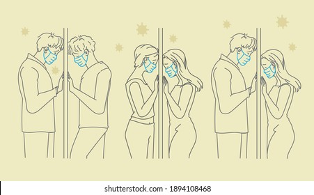 Couple mask. Couple wearing face masks. They want to touch each other through the glass. Love problems during Covid-19 detention. Social distance and stay at home concept.  Hand drawn style vector.
