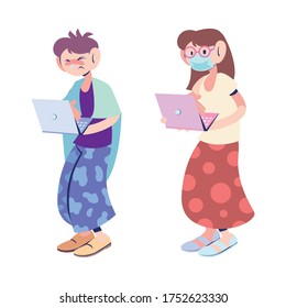 couple with mask working in computer vector illustration desing