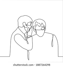 couple of masked men are discussing the important news. one line drawing a gossip whispers a secret to a friend covering his mouth with his palm so that no one else can hear