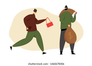 Couple of Masked Robbers with Stolen Woman Bag and Money Sacks, Bank Robbery by Criminals. Gangsters Violence Organized to Steal Money From Financial Institution. Cartoon Flat Vector Illustration