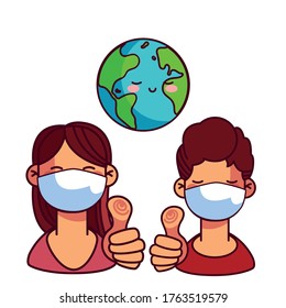 couple with masks care of the wordl vector illustration desing